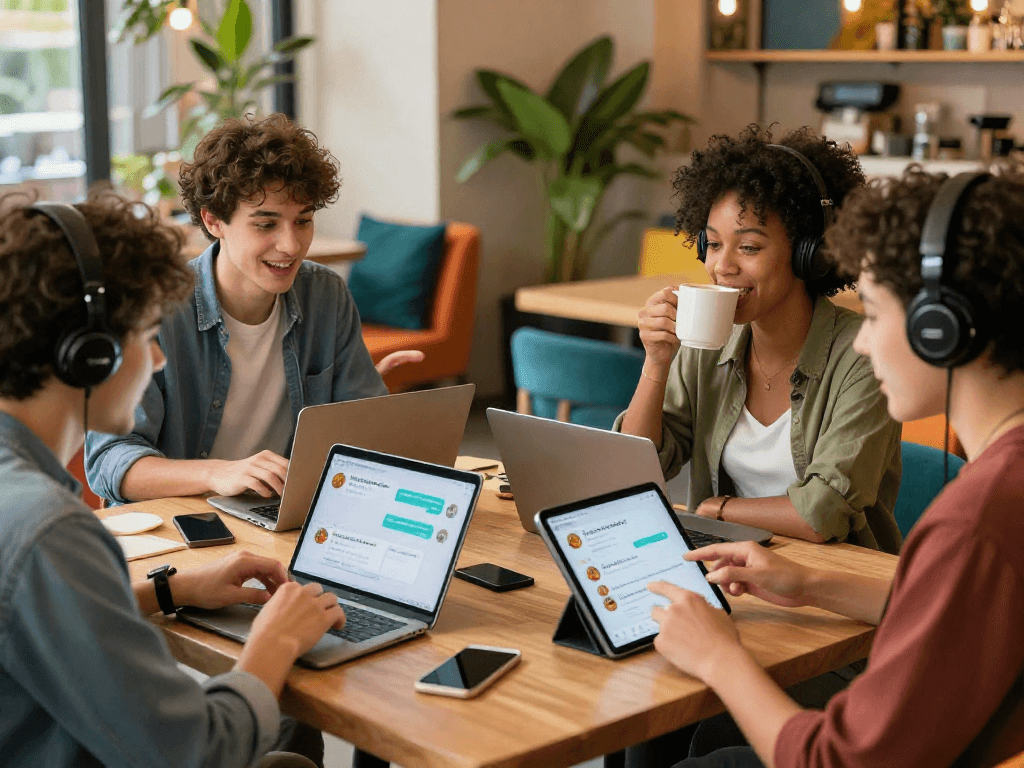 Engaging group using spicychat app in a vibrant cafe setting.