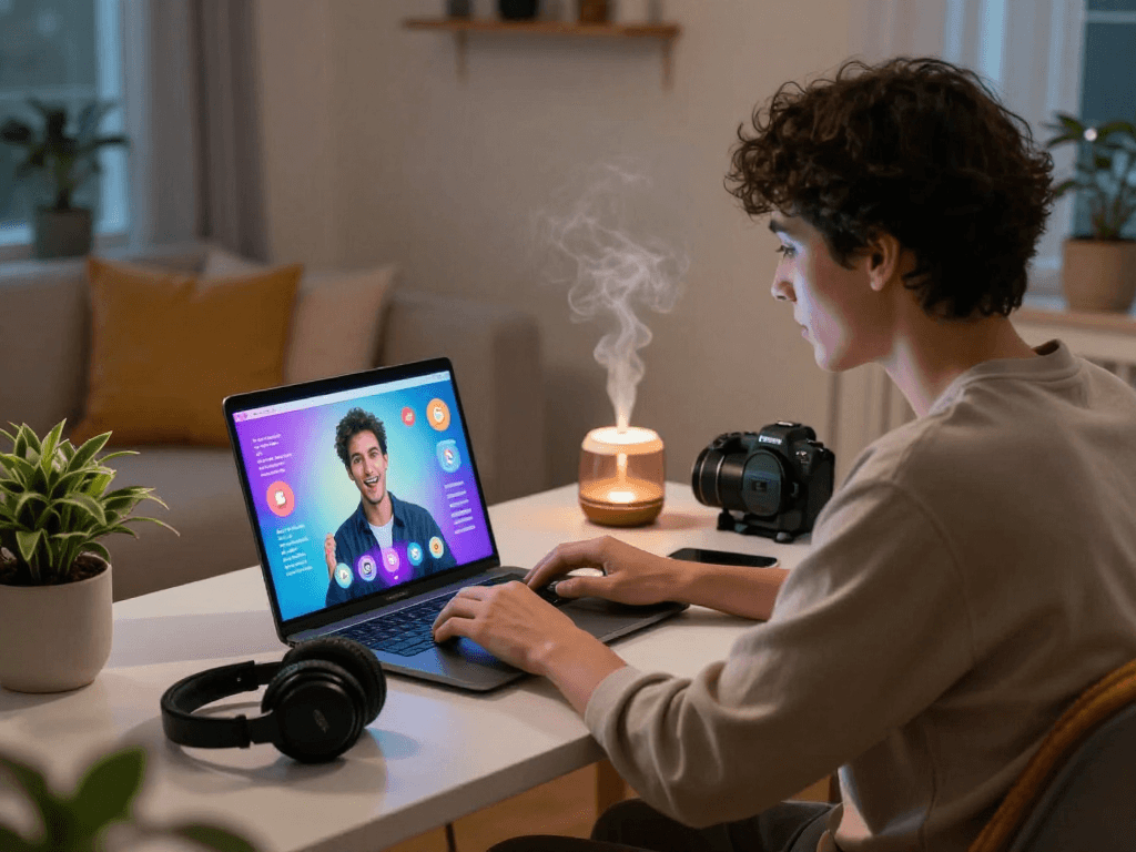 Engaging ai sex chat scene with virtual partner in a cozy home office.