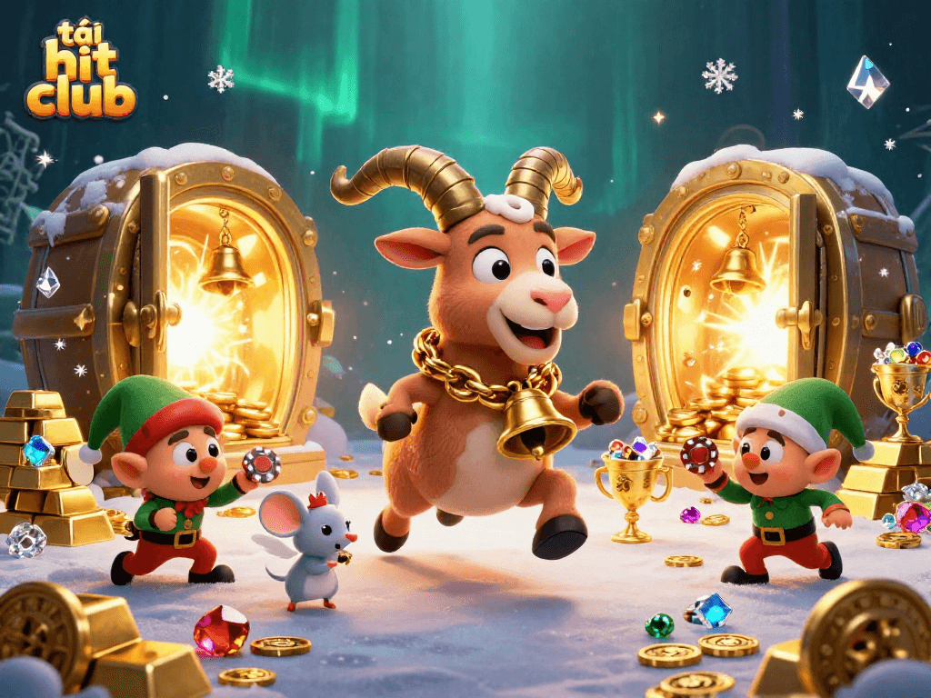 Experience the fun of tải hit club with a festive casino scene filled with treasures and excitement.