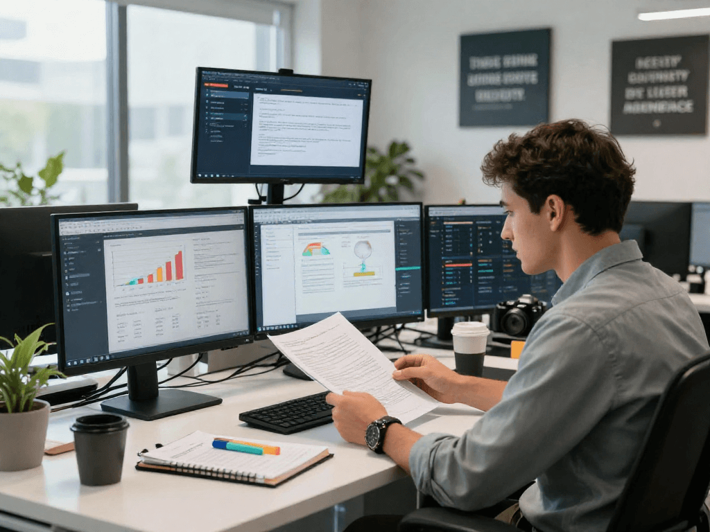 Data analysis scene in document fraud detection office, showcasing advanced analytics and document review efforts.