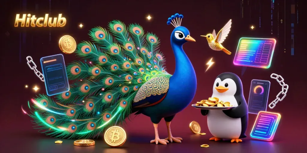 Experience thrilling gambling at Hitclub with an animated casino scene blending excitement and crypto elements.