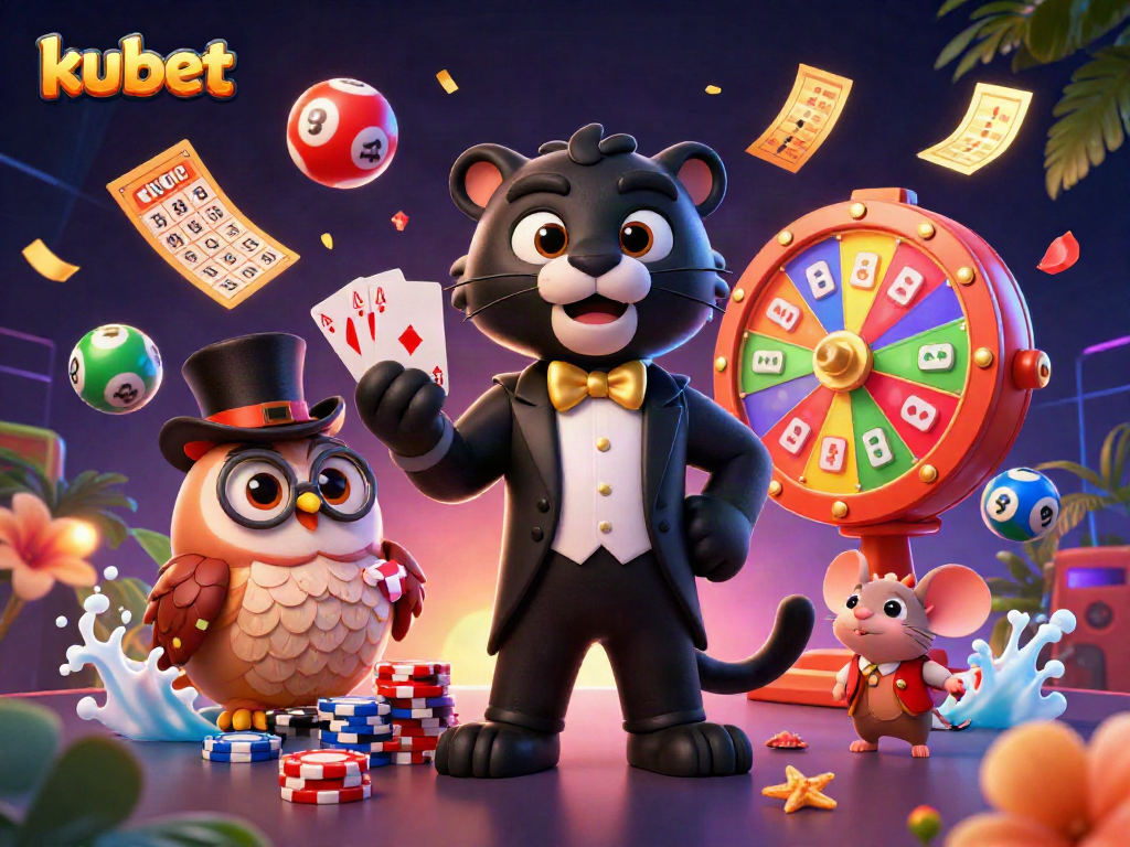 Engage with kubet through a vibrant illustration of casino elements including lively characters and game features.