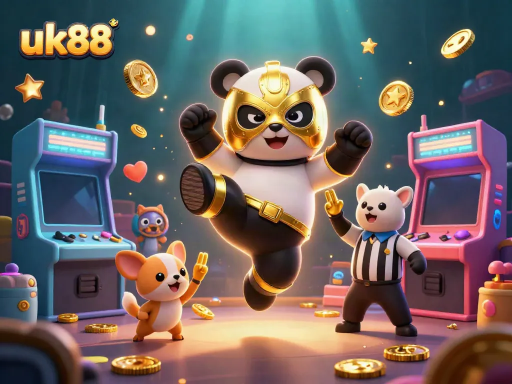 Experience the electrifying energy of uk88 with a panda wrestler and cheering animal crowd.