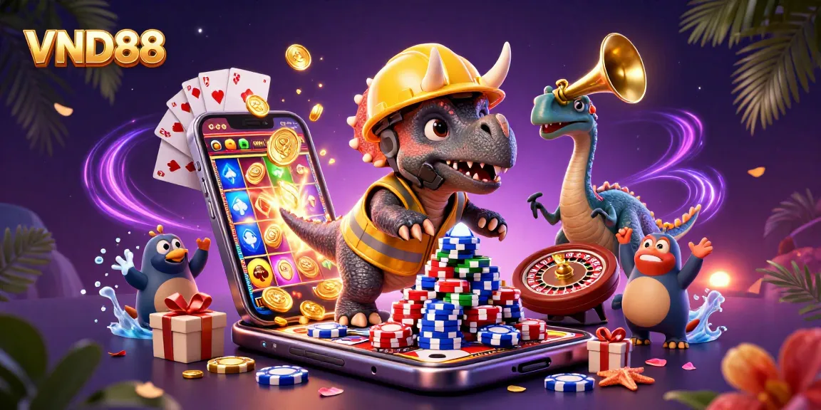 VND88 players enjoying dynamic gaming with a triceratops and fun casino elements.