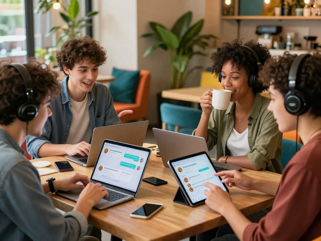 Engaging group using spicychat app in a vibrant cafe setting.