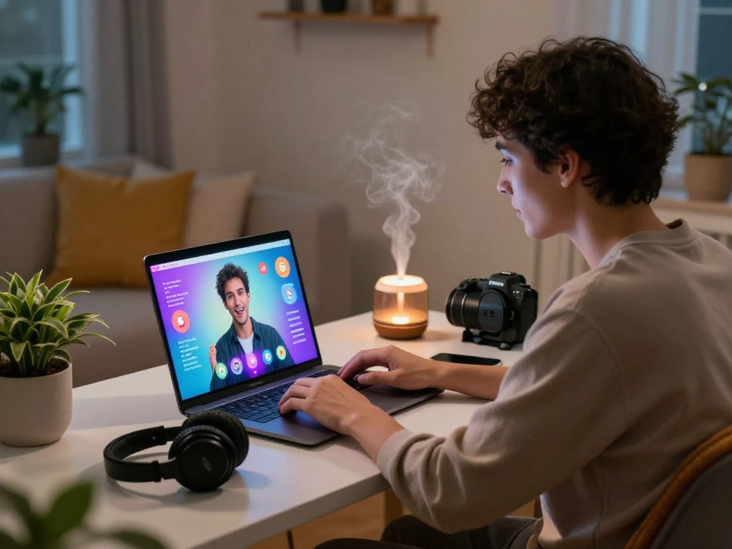 Engaging ai sex chat scene with virtual partner in a cozy home office.