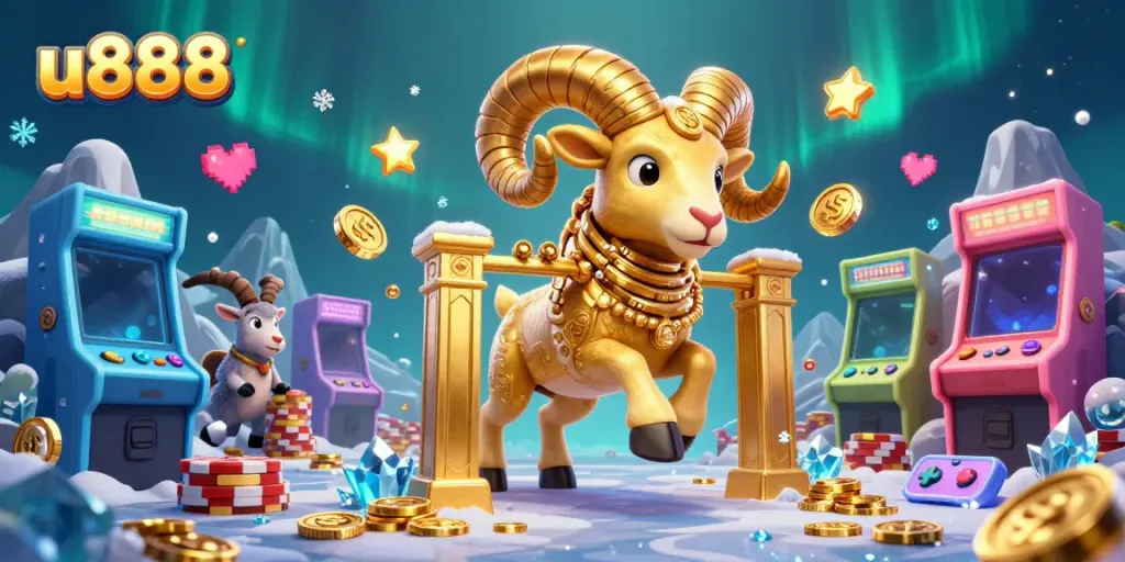 Engage with u888 as the golden ram charges through a vibrant casino scene filled with vibrant gaming machines and festive elements.