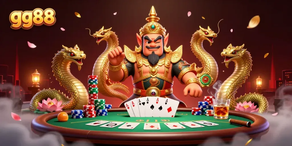 Engage with gg88's immersive poker scene featuring a guardian, Naga serpents, and vibrant casino elements.