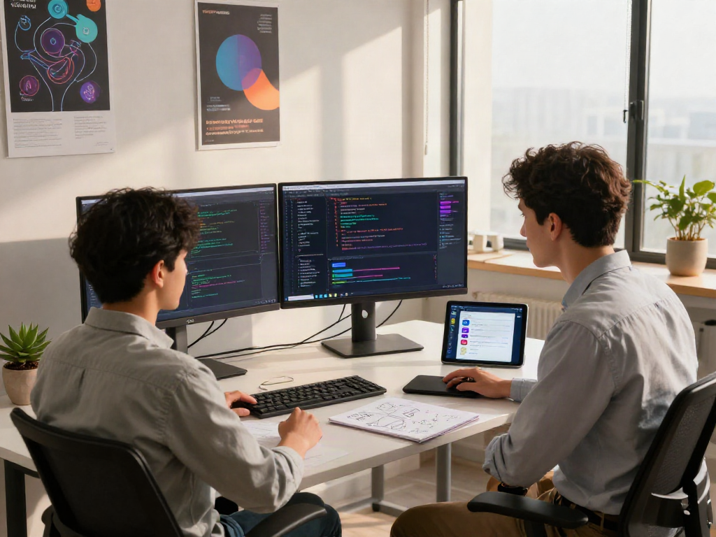 Software engineer coding AI nsfw chat application in a modern workspace
