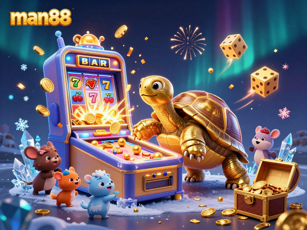 Engage with man88's thrilling 3D casino scene featuring a golden tortoise pinball machine and vibrant slot action.