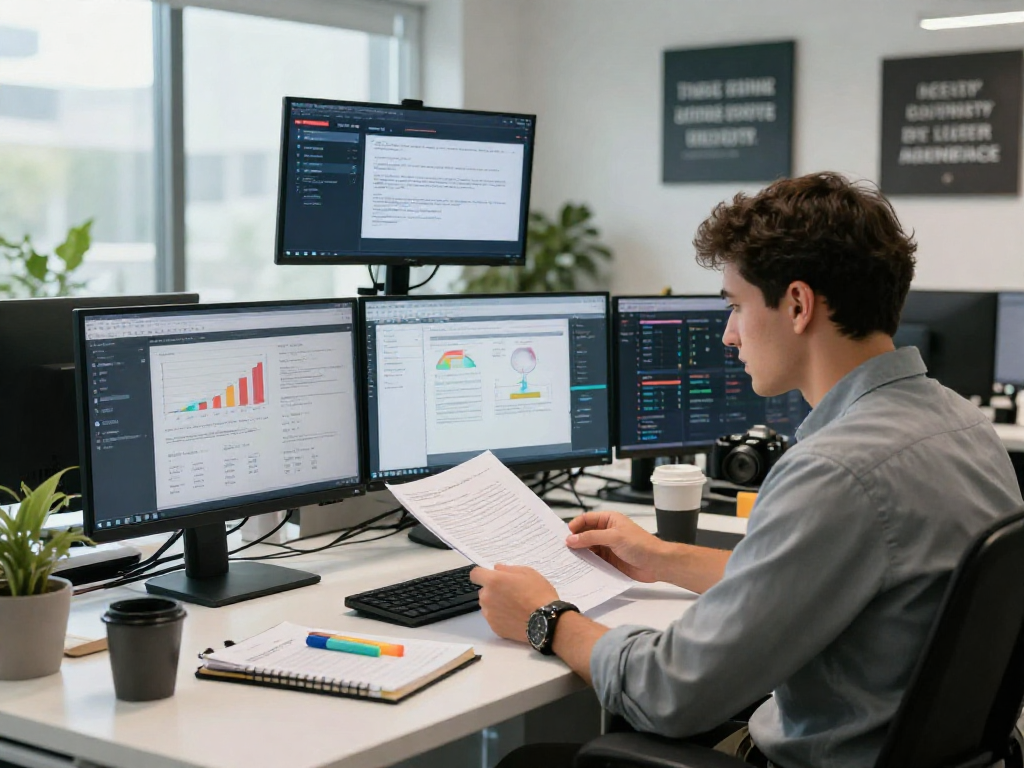 Data analysis scene in document fraud detection office, showcasing advanced analytics and document review efforts.