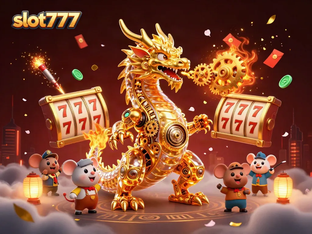Play exciting slot777 games with a golden dragon and captivating casino elements.