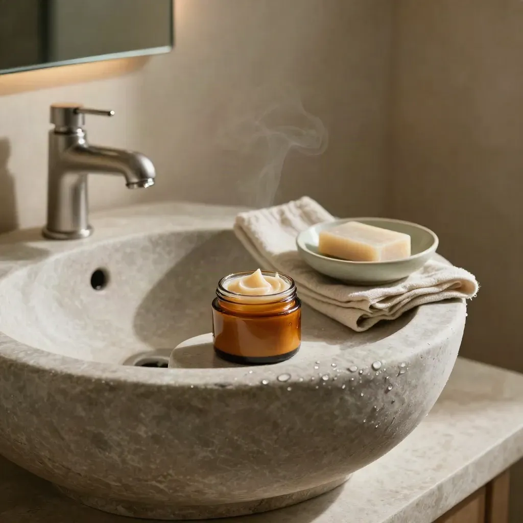 Lavabo in pietra con crema alla calendula, sapone, panno di cotone e ciotolina in ceramica, luce morbida.