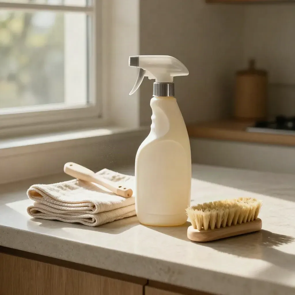 Spray detergente, panni piegati e spazzola naturale su piano cucina asciutto, luce calda di mezzogiorno.
