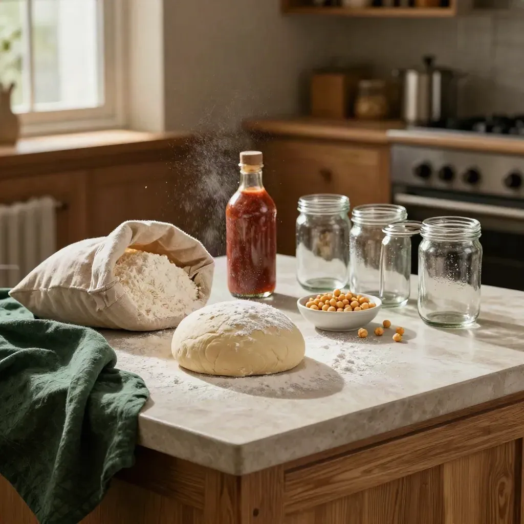 Dispensa bio con farina, ceci, passata e barattoli di vetro accanto a un impasto riposato.