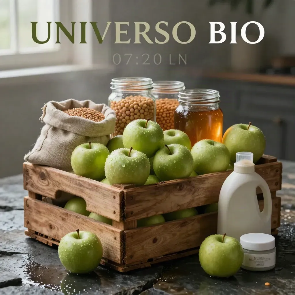 Cassa bio di mele verdi, farro, legumi, detergente e crema alla calendula su pietra bagnata.