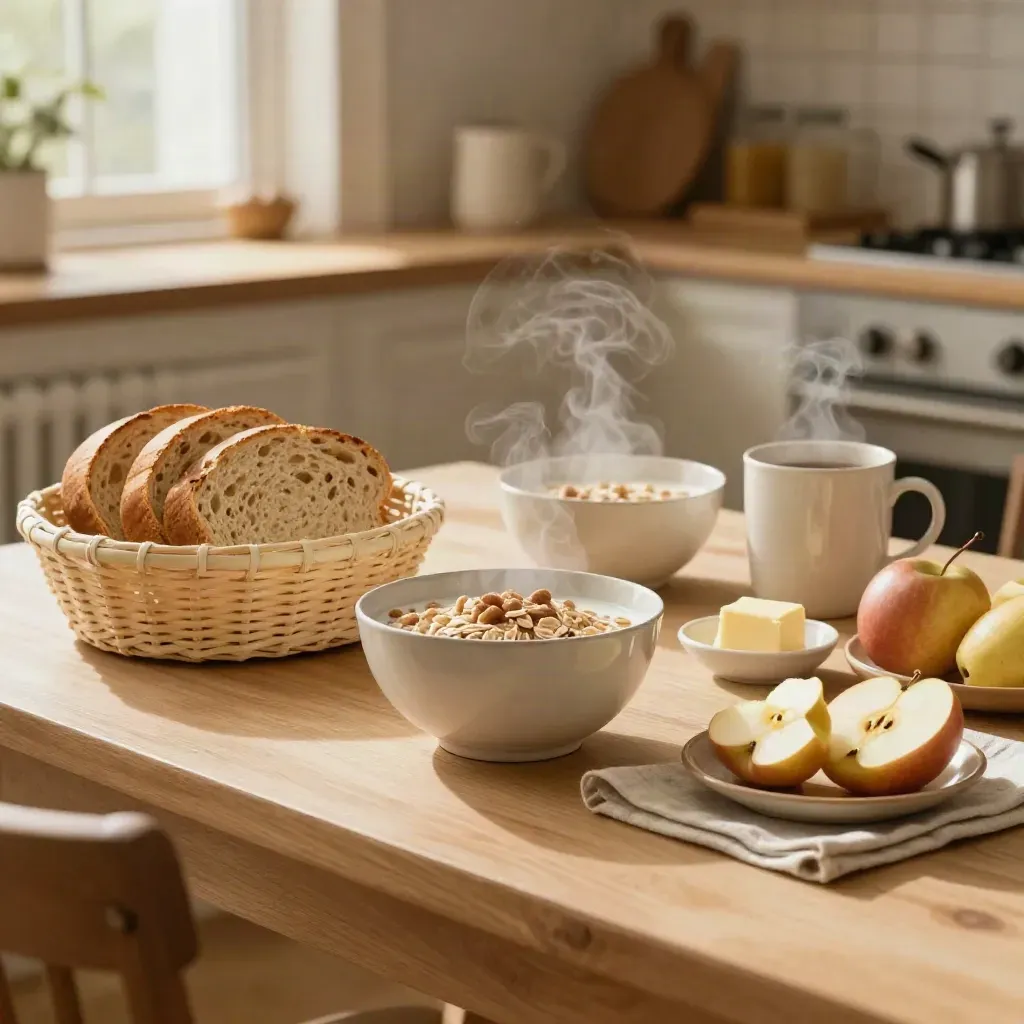 Colazione con pane, cereali, tazze fumanti e frutta su tavola chiara.