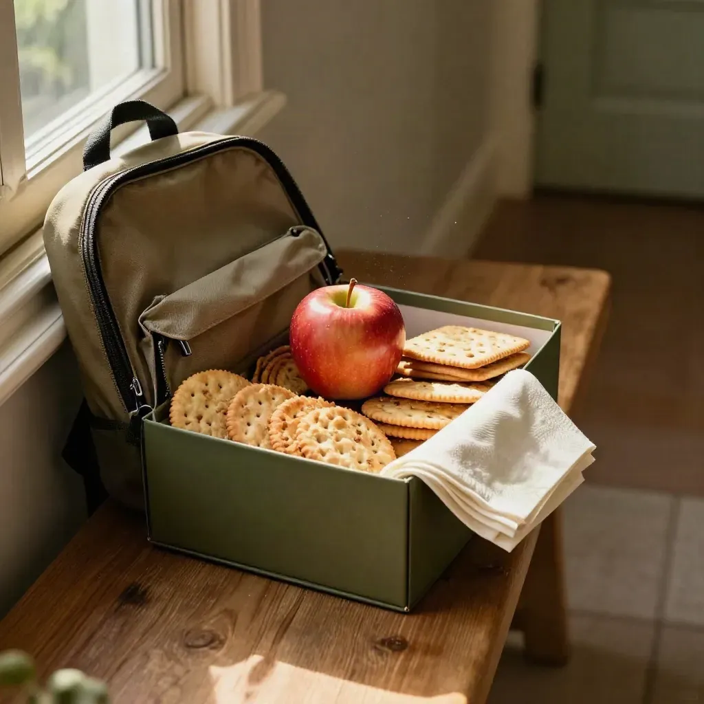 Box snack aperto con biscotti, mela, crackers e tovagliolo in corridoio