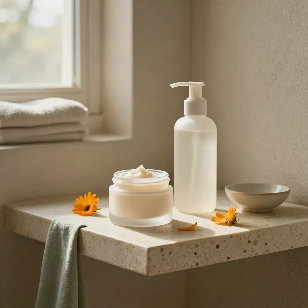 Mensola in pietra con crema mani, detergente viso e petali di calendula nella luce dell'alba