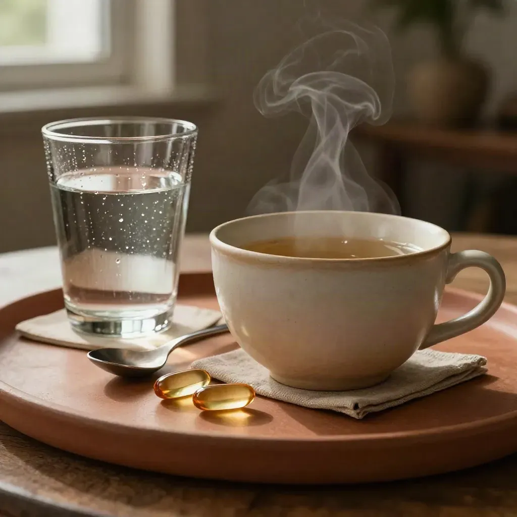 Tisana fumante, capsule e bicchiere d'acqua su tavolo da soggiorno con cucchiaino.