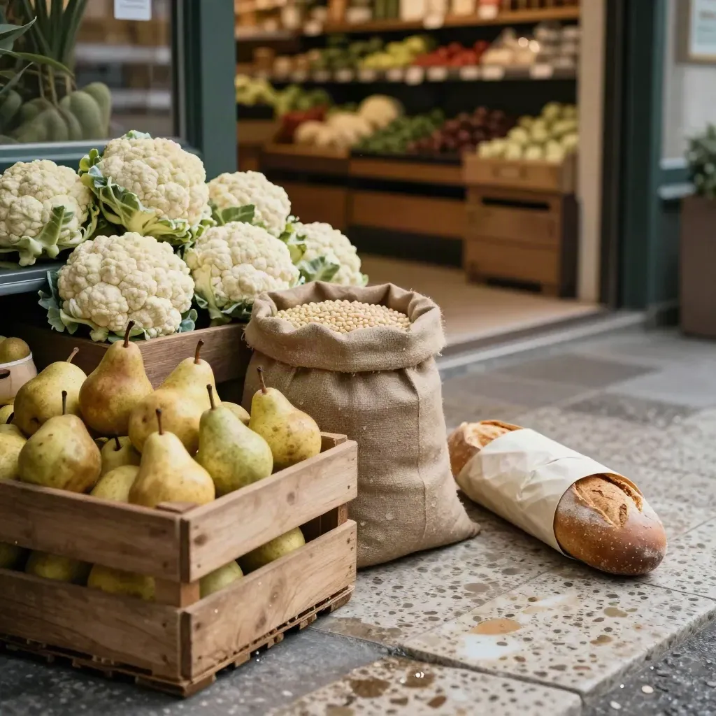Casse di pere, cavolfiori, legumi e pane rustico su pietra, con porta laterale velata di nebbia.