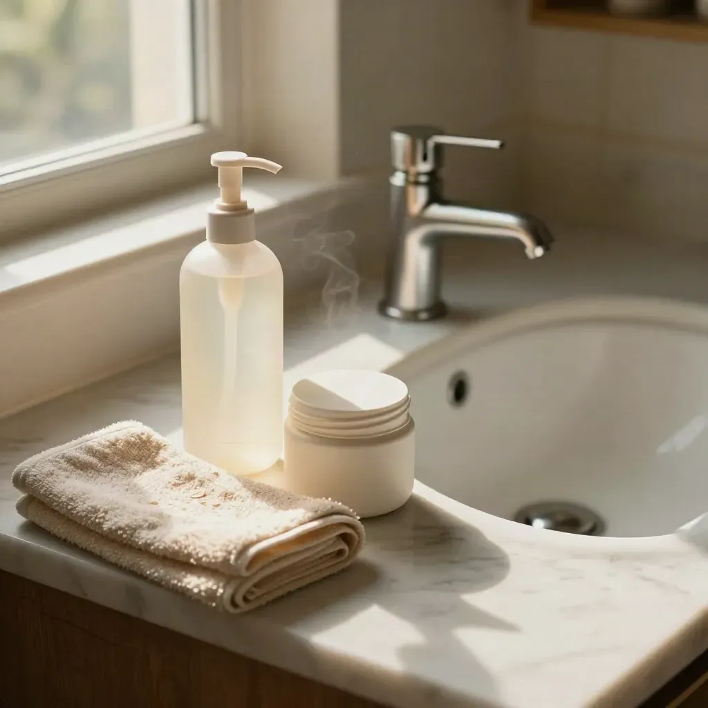 Lavabo con detergente viso, crema leggera, asciugamano piegato e acqua ferma in bagno luminoso