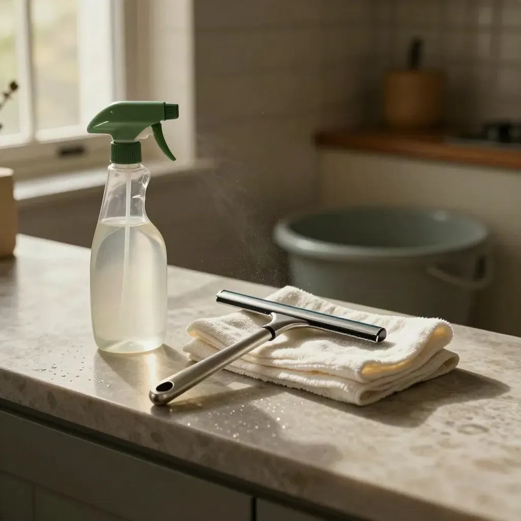 Flacone spray, panni morbidi, tergivetro e secchio opaco in bagno e cucina, luce calda.