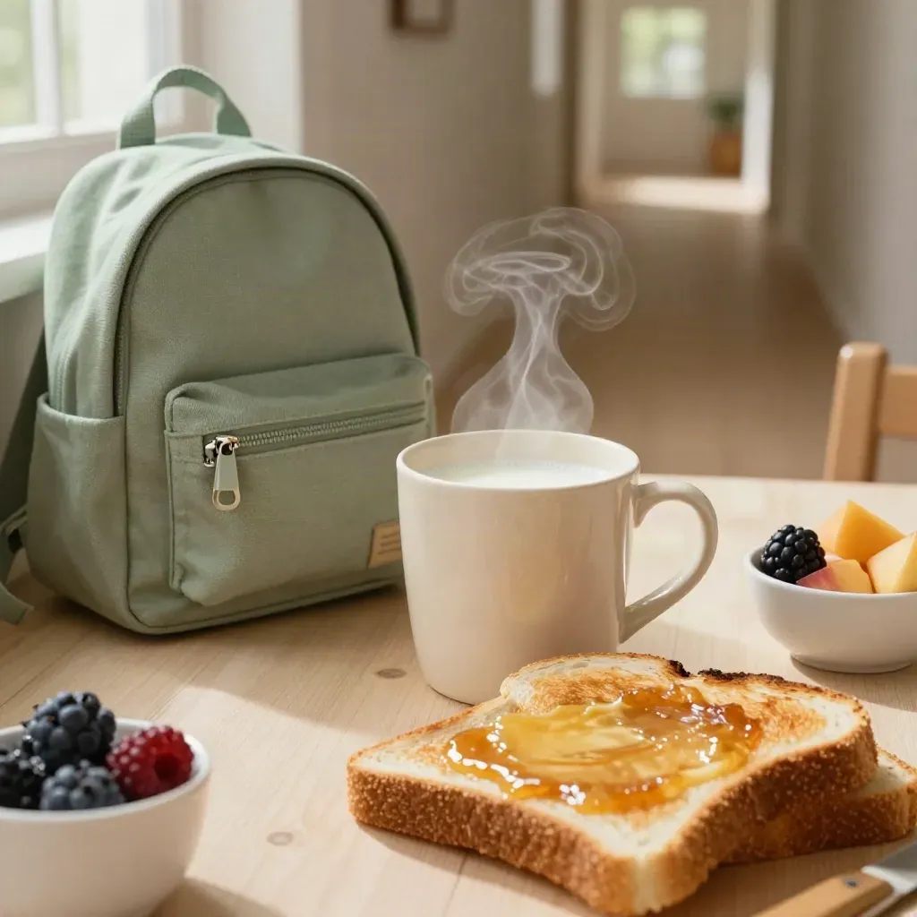 Colazione per bambini con tazza fumante, pane tostato, frutta e zaino nel corridoio.