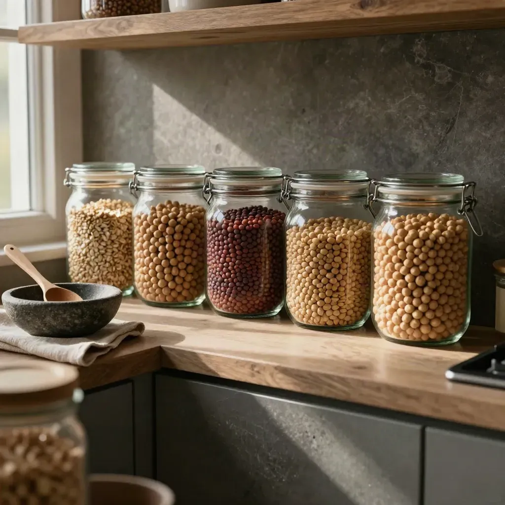 Barattoli di vetro con ceci, lenticchie e cereali su mensola di pietra, con cucchiaio e ciotola.