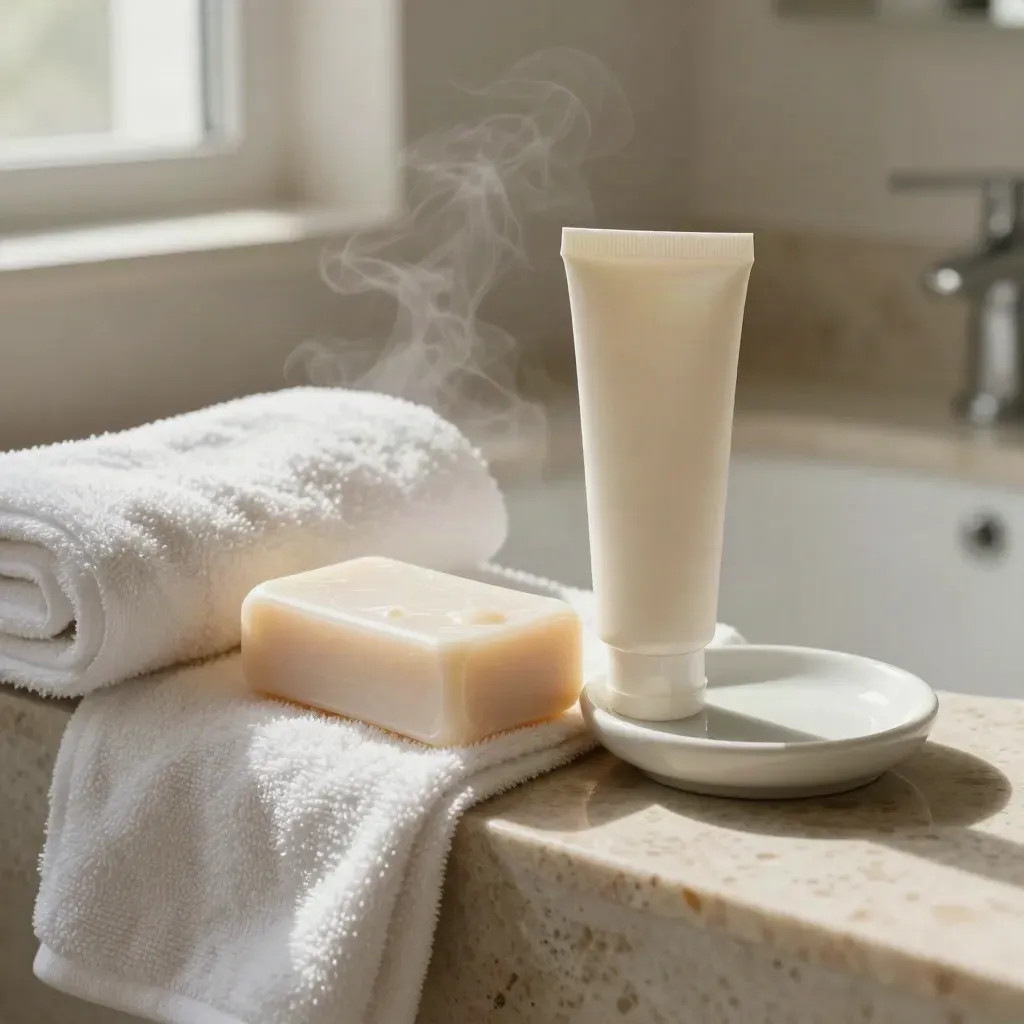 Sapone delicato, crema mani, asciugamano spesso e piattino ceramico in bagno con lieve vapore
