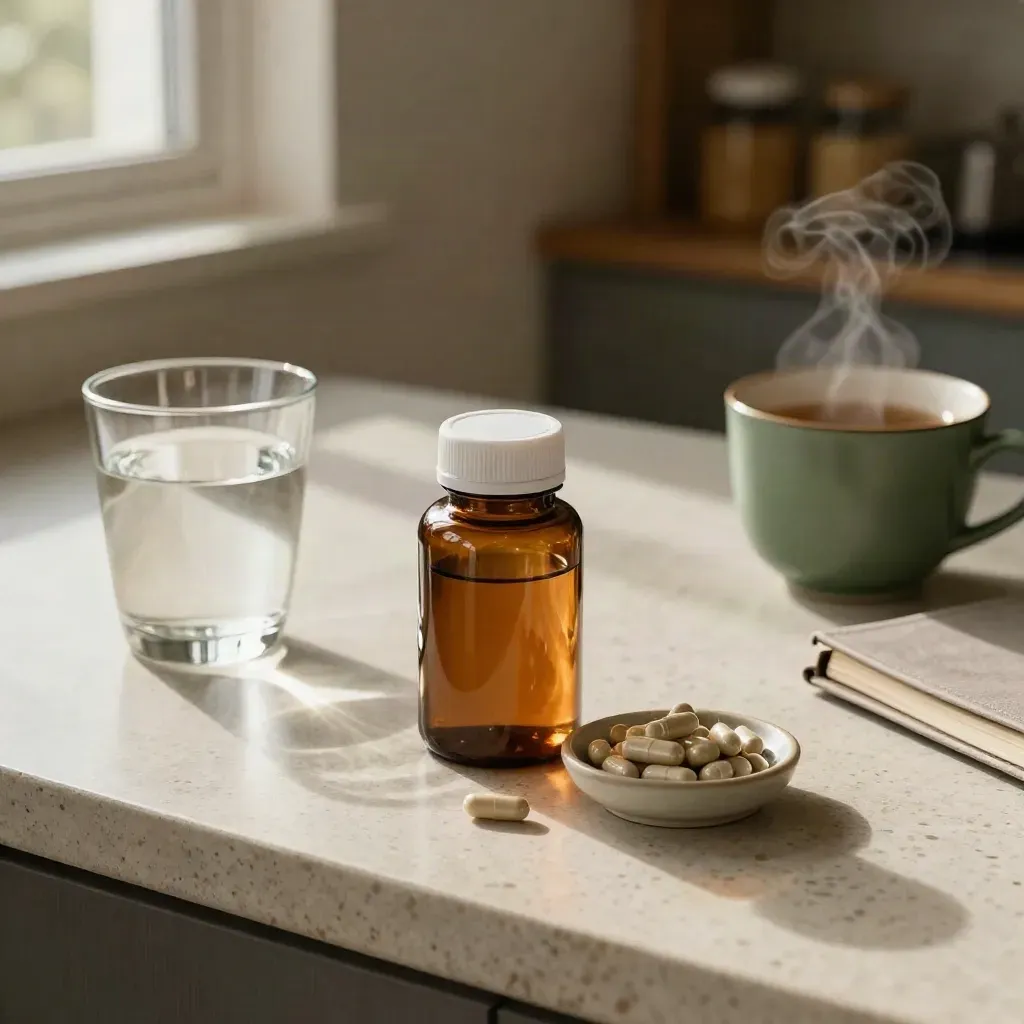 Integratori, tisana fumante, acqua e quaderno chiuso su piano in travertino.