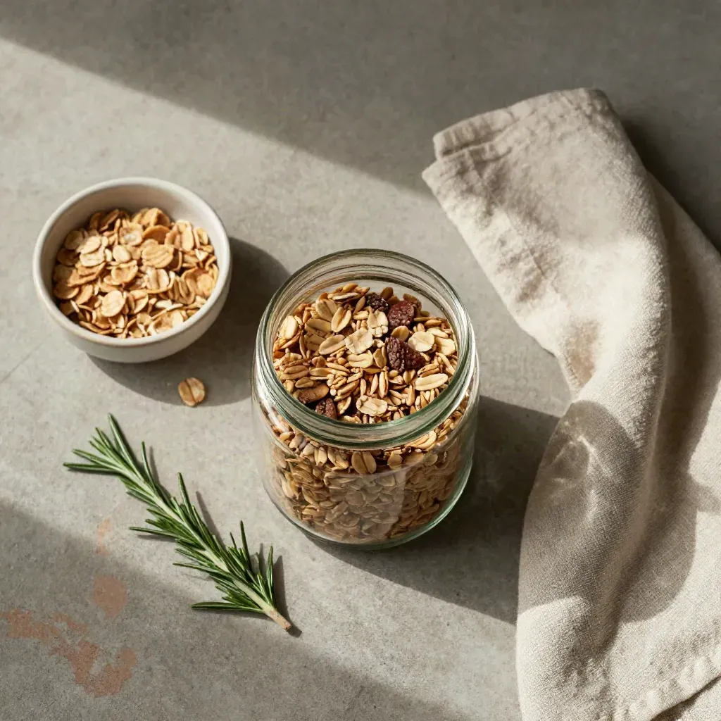 Barattolo di cereali integrali con rosmarino, ciotola in ceramica e lino su cemento caldo.