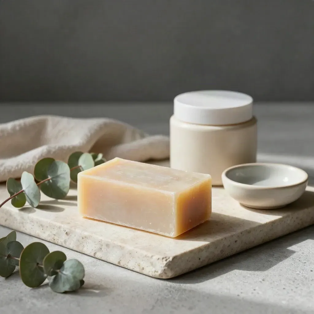 Sapone solido, crema viso e eucalipto su vassoio di pietra, luce morbida.