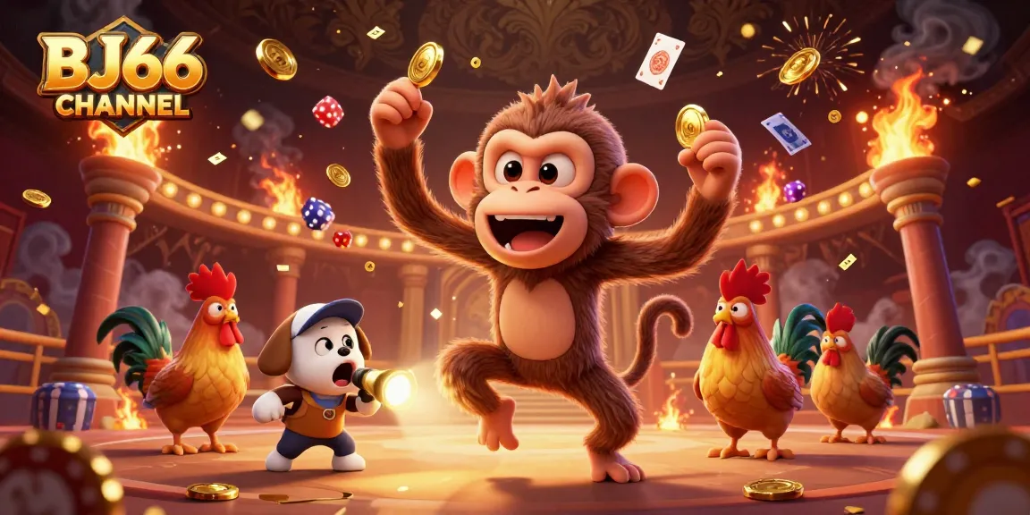 Experience thrilling cockfighting action with BJ66 CHANNEL's vibrant illustration featuring a playful monkey and ghost-hunter puppy.