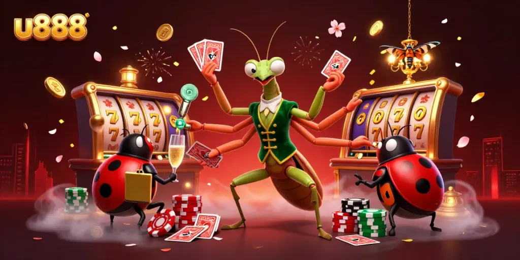 Experience the excitement of u888 with a vibrant 3D casino scene featuring colorful characters and games.