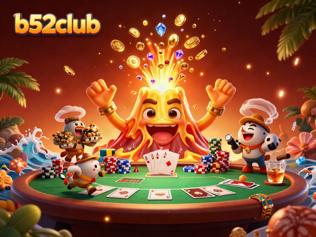 Experience thrilling gameplay at b52club with a vibrant 3D scene featuring a golden volcano, treasure, and poker elements.