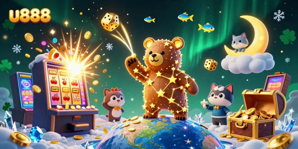 Experience the thrill of u888 with a dazzling 3D casino illustration showcasing golden stars and jackpots bursting with coins.