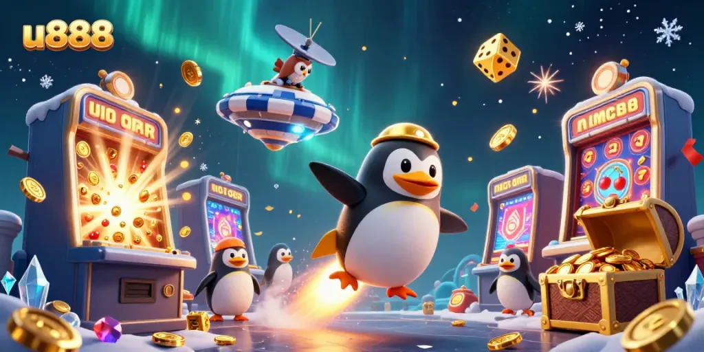 This exciting illustration showcases a golden penguin on a rocket towards a u888 casino space station, bursting with jackpot symbols.