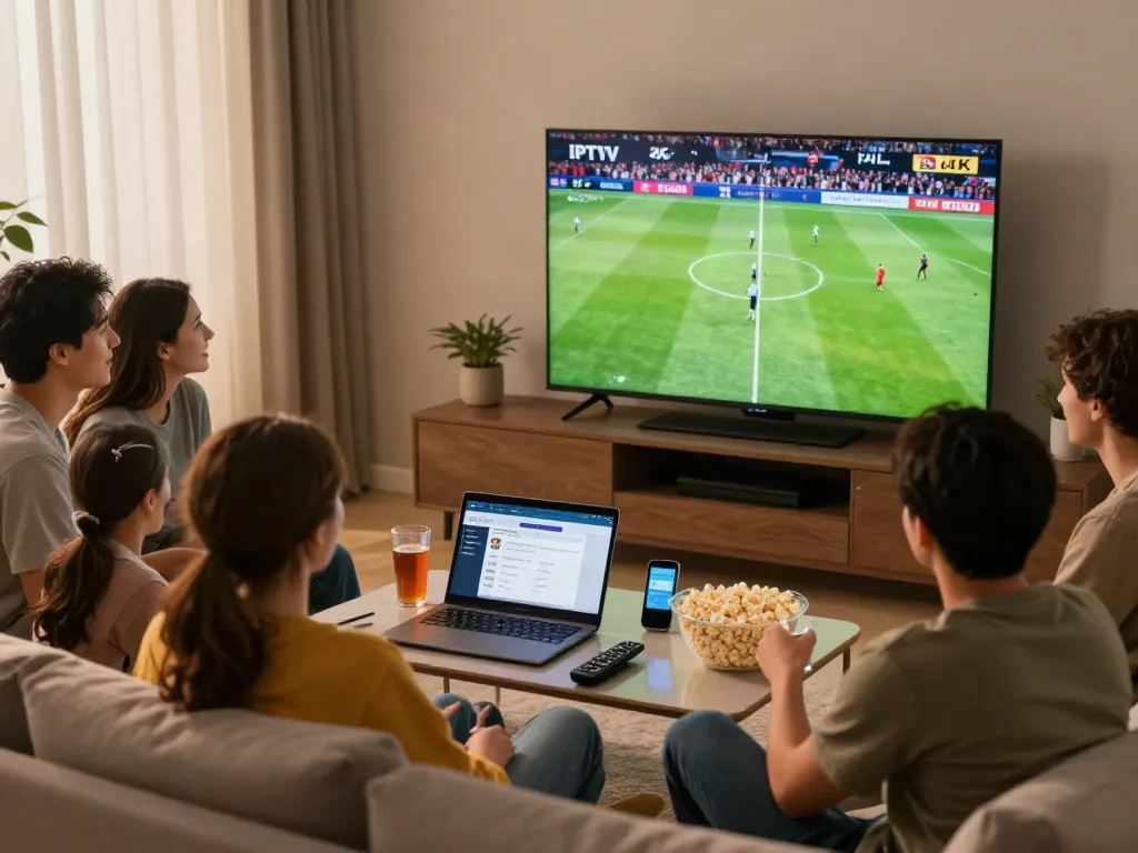 Friends enjoying IPTV Italia in a cozy living room while watching football.