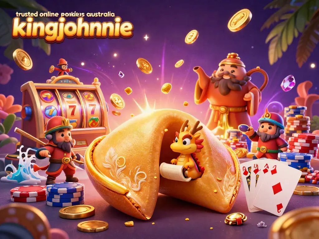 Experience the thrill of trusted online pokies Australia King Johnnie with dynamic casino-themed 3D art.