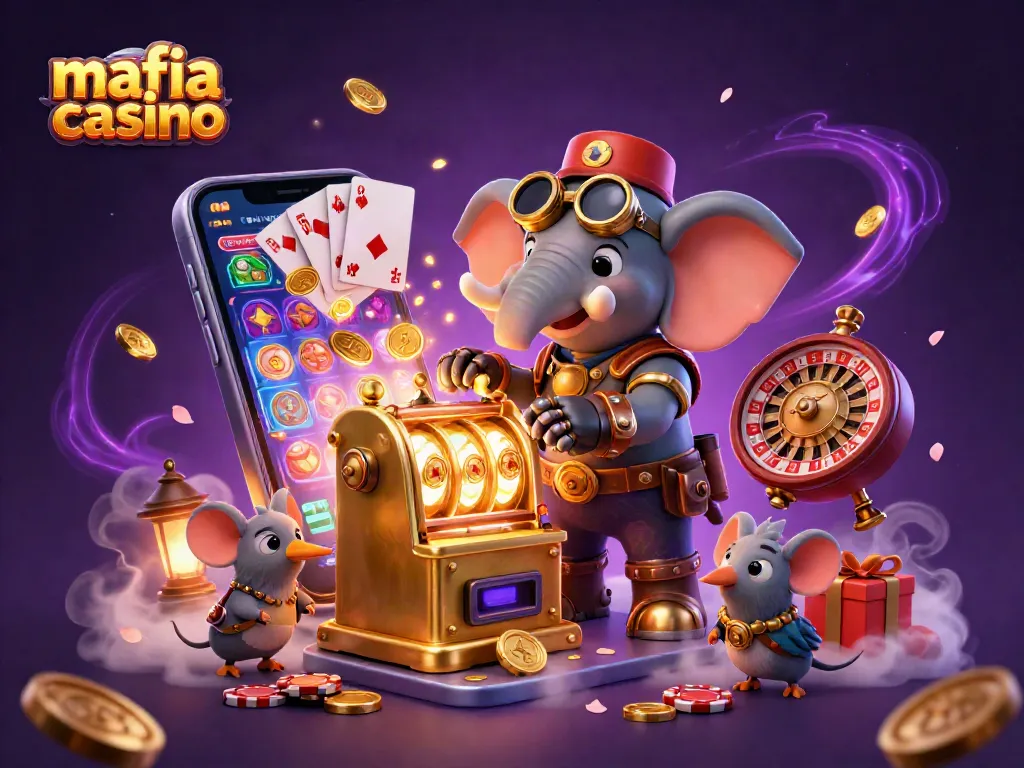 Mafia casino fun illustrated with a steampunk elephant engineer operating a golden slot machine.