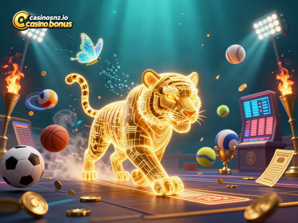 Experience thrilling gameplay with casinosnz.io casino bonus in this vibrant 3D casino digital scene.
