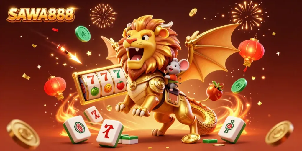 Experience the excitement of SAWA888 with a vibrant casino-themed illustration full of gaming elements.