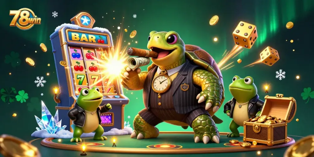 Experience thrilling wins at 78win with a festive casino scene featuring vibrant games and dynamic characters.
